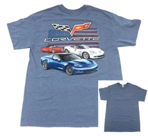Corvette T-Shirt - Light Blue w/ American Flag, Logo & 3 Chevrolet Corvettes - Picture 1 of 4