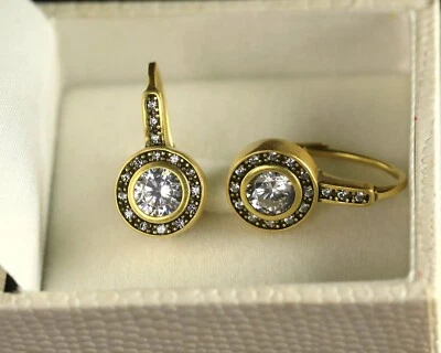 Orecchini a Monachella Dorato Antico Arte Deco Tondo Cz Bianco Sottile SA3 - Immagine 1 di 4
