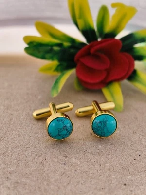 优雅绿松石石袖扣带镀金 – 经典男式配件 — 第 1/4 张图片