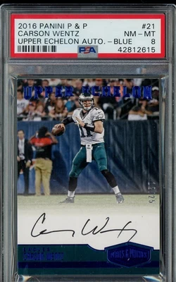 2016 Panini P & P Upper Echelon Blue #21 Carson Wentz AUTO 12/25 PSA 8 NM-MT - Image 1 of 2