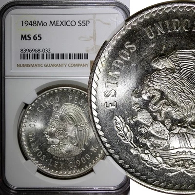 MÉXICO Plata 1948 Mo 5 Pesos NGC MS65 Cuauhtémoc 40mm Como Nuevo Brillo KM# 465 (032) Foto 1 de 4