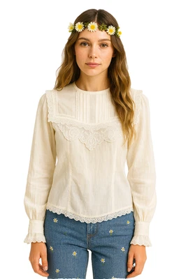 Blusa Vintage Años 70 Jessica’s Gunnies Crema Encaje Renacimiento Eduardiano Talla M Foto 1 de 4