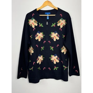 Karen Scott VTG 90s Navy Blue Gingerbread Holiday Christmas Zip Up Sweater Sz 1X - Picture 1 of 9