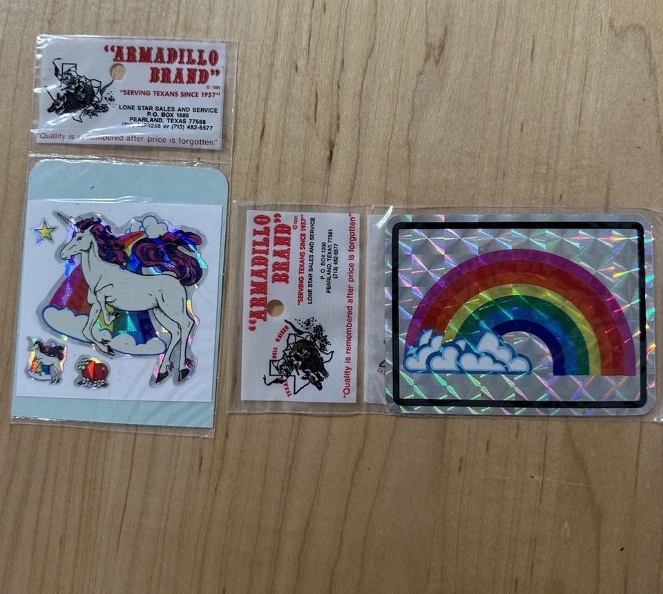 Vintage 80's 90s Armadillo Brand Prism JUMBO Unicorn Rainbow Sticker Lot Of 2 - Image 1 of 3