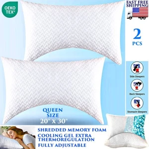 2 PCS MEMORY FOAM COOLING BED PILLOW QUEEN ADJUSTABLE HYPOALLERGENIC ZIPPERED - Picture 1 of 13
