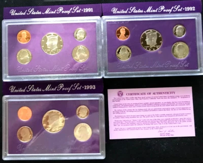 3-1991 S, 1992 S, 1993 S U.S. Mint Proof Sets With COA's - Image 1 of 4