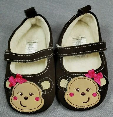 Baby Girl Clothes Brown Fuzzy Lined 6-9 Month Monkey Slipper Shoes - Image 1 of 3