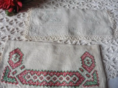 2 ANCIENNES POCHETTES A SERVIETTE PUR LIN ECRU BRODERIE MAIN 24 X 11 - Photo 1/4