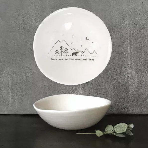 Plato de baratija de porcelana blanca - tazón tambaleante - Te amo a la luna - este de la India Foto 1 de 1
