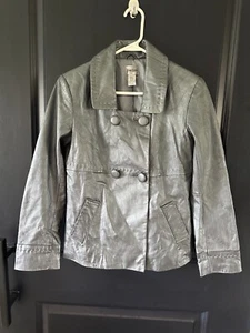 CHICO'S 100% LEDER Gr. 0 metallic glänzend grau zweireihig Knöpfe Jacke - Bild 1 von 8