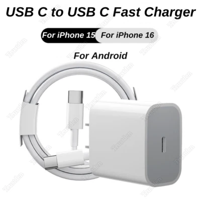 USB C 20W PD Fast Charger Block Type C Cable For iPhone 15 16 Plus Pro Android - Image 1 of 4