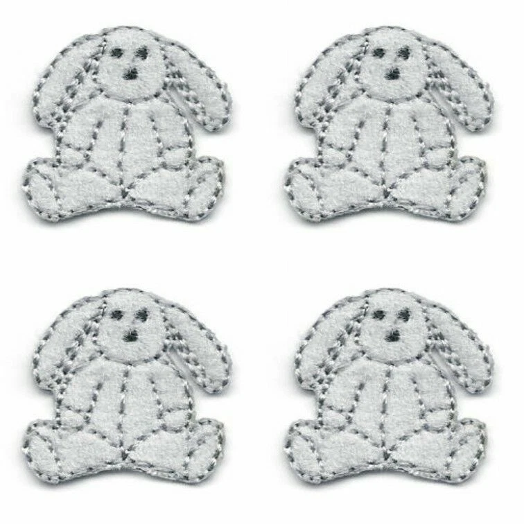 7/8" x 1" Lot of 4 Gray Grey Easter Bunny Rabbit Hare Embroidery Patch - Image 1 of 1
