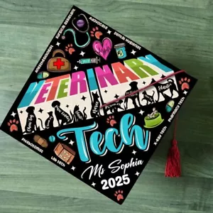 Custom Veterinary Tech Graduation Cap Topper, Personalized Vet Assistant Grad - Picture 1 of 4