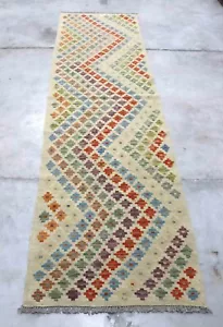 Afghan Kundoz Genuine Handmade Tribal Beige Multi Color Wool Kilim Rug 80x289cm - Picture 1 of 5