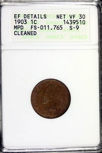 1903 - ANACS VF30 DETAILS CLEANED INDIAN HEAD CENT!! #B20151 - Picture 1 of 2