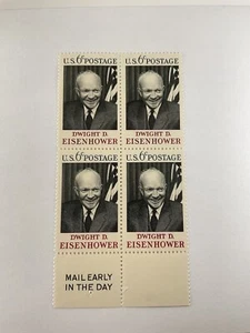 1969 Dwight D Eisenhower Plate Block Of 4 6c Postage Stamps, Sc# 1383, MNH, - Picture 1 of 2