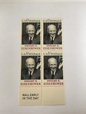 1969 Dwight D Eisenhower Plate Block Of 4 6c Postage Stamps, Sc# 1383, MNH, - Image 1 of 2