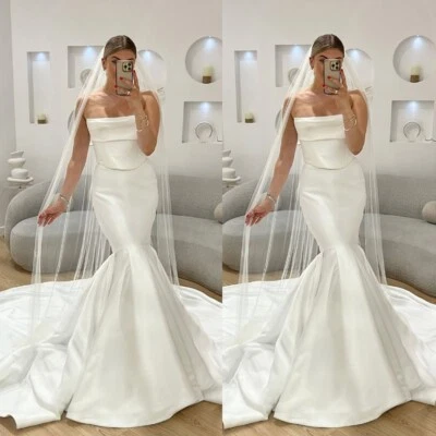 Bohemian Off the Shoulder Satin Wedding Dresses with Side Split Bridal Gowns - Image 1 of 4