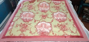 Homemade toile square tablecloth pink green lined border 52"x52" - Picture 1 of 10