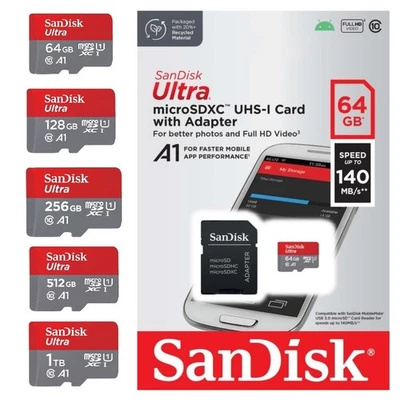 Micro SD Karte 64 128 256 512 GB 1 TB Speicherkarte A1 150 Mbps SanDisk Ultra - Bild 1 von 4