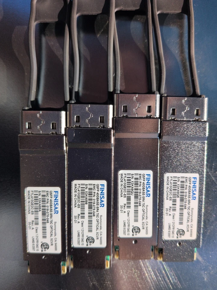 Lot 4x Finisar 40G FTL410QE2C QSFP+ SR4 40GBE MPO MTP Transceiver MMF 850nm - Image 1 of 1