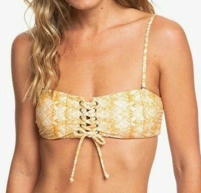 NOVO Top de Biquíni Roxy Beach Classics Bandeau com Cadarço na Frente Tamanho G Ouro Inca - Imagem 1 de 4