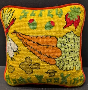 Vintage Vegetable "Screw Home Cooking" Needlepoint Throw Pillow Gold EUC 9 x 9" - Picture 1 of 6