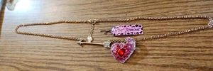 Rare Vintage Betsey Johnson Pink & Red Rhinestone Heart & Arrow Necklace  - Picture 1 of 9
