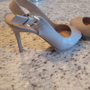 NineWest Tan Patent Leather Platform Peep toe sling back heeled Pumps Size 5 1/2 - Picture 1 of 5