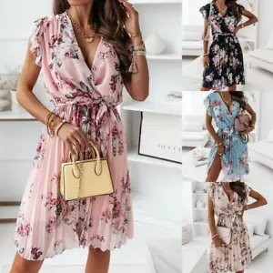 Mujeres Cuello en V Estampado Floral Boho Mini Vestido Damas Verano Playa Vacaciones Solero - Imagen 1 de 22