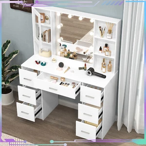 White Makeup Desk 7 Drawers and LED Lighted Mirror 3 Lighted Colors Dresser - Picture 1 of 9