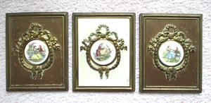 3 Vintage Wall Decor PICTURES Brass Porcelain Medallions ENGLAND Romantic Scenes - Picture 1 of 3