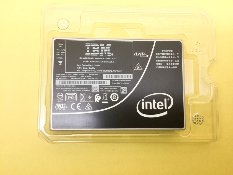IBM Intel Optane D4800X Series 750GB PCIe 2x2 NVMe 2.5in U.2 SSD SSDPD21K750GAI Foto 1 de 3