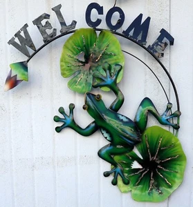 Panel Welcome Con Una Rana en Metal Creata E Colorido Mano CM 58x38A - Imagen 1 de 6