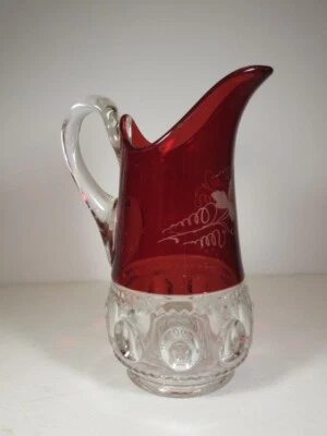 EAPG Ruby Stained KINGS CROWN Pattern Glass 8" Tall Cream Milk Jug Pitcher - Image 1 of 4