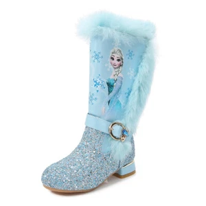 Winter Kids Girls ELSA Princess Cosplay Party Plush Fleece Sequins High Boots - Picture 1 of 16