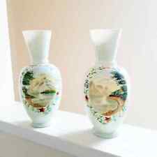 Vintage Pair Of Ornate Continental Glass Vases, Hand Painted Landscape Designs