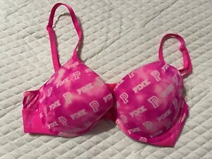 Victoria's Secret Logo Bra Size 32C Pink Padded Underwire 
