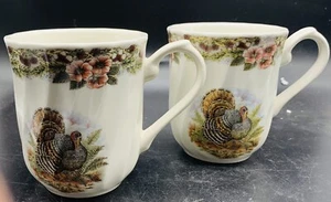 2 Turkey Coffee Cup Mugs Thanksgiving Churchill Sepia Gray Border EUC! - Picture 1 of 4