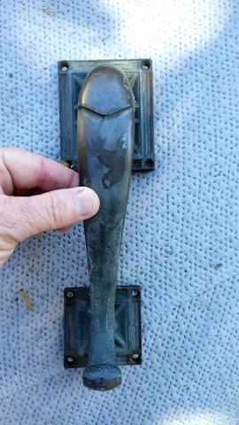 Heavy ornate old Front Door Handle w/Top & Bottom Plates Art Deco Motif 10" Tall Cover
