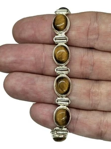 Tiger's Eye Bracelet, Sterling Silver, 18-21 cm adjustable, Genuine, Oval Shaped - Picture 1 of 10
