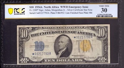 1934 A $10 SILVER CERTIFICATE NORTH AFRICA STAR NOTE SCARCE LFP 86* PCGS VF 30 - Image 1 of 3
