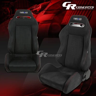 PAIR BLACK TYPE-R SUEDE LEATHER FULLY RECLINABLE UPHOLSTERY RACING SEAT+SLIDER - Image 1 of 4