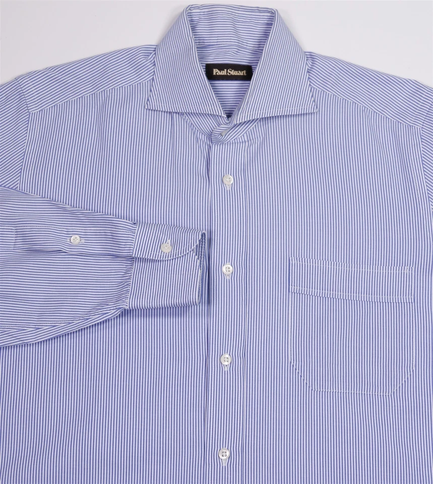 Paul Stuart Blue White Striped Slim Fit Cotton Dress Shirt (39) 15.5- - Image 1 of 4