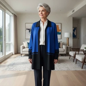 Exclusively MISOOK Woman Black Blue Colorblock Stripe Cardigan Sweater Office 2X - Picture 1 of 10