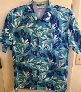 Columbia PFG Short Sleeve Shirt Medium Fishing Vented Blue Print Button Up - Picture 1 of 6