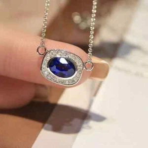 2Ct Oval Lab-Created Blue Sapphire Halo Pendant 14k White Gold Plated 18" Chain - Picture 1 of 6