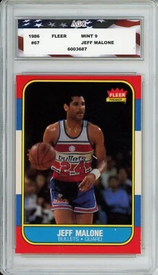 Tarjeta de novato Fleer Basketball #67 1986 Jeff Malone AGC 9 como nueva Washington Bullets Foto 1 de 2