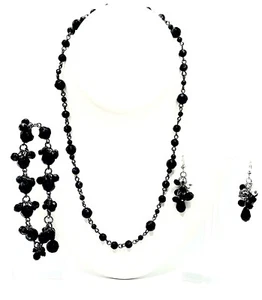 Victorian Gothic Black French Jet Glass Jewelry Set Vintage Curated - Picture 1 of 11