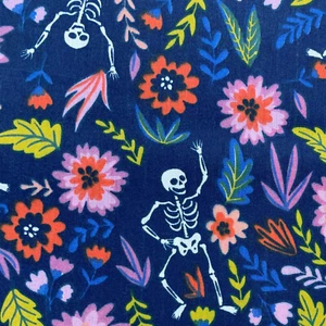 Halloween Fabric - Floral Skeletons Navy Blue Polycotton Craft Fabric Material - Picture 1 of 7